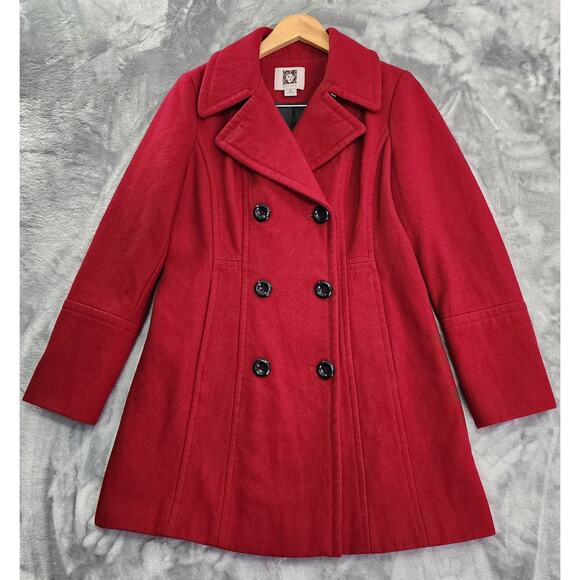 Anne Klein Wool Blend Double-breasted Pea Coat Size M Red Black Classic Preppy - Picture 1 of 10